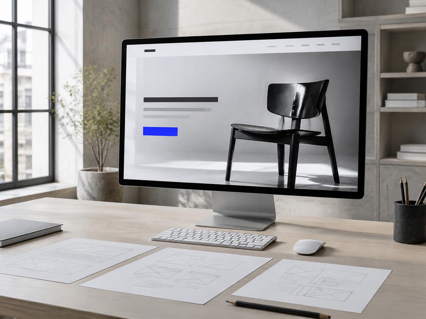 Focused landing page design and paper wireframes on a design desk