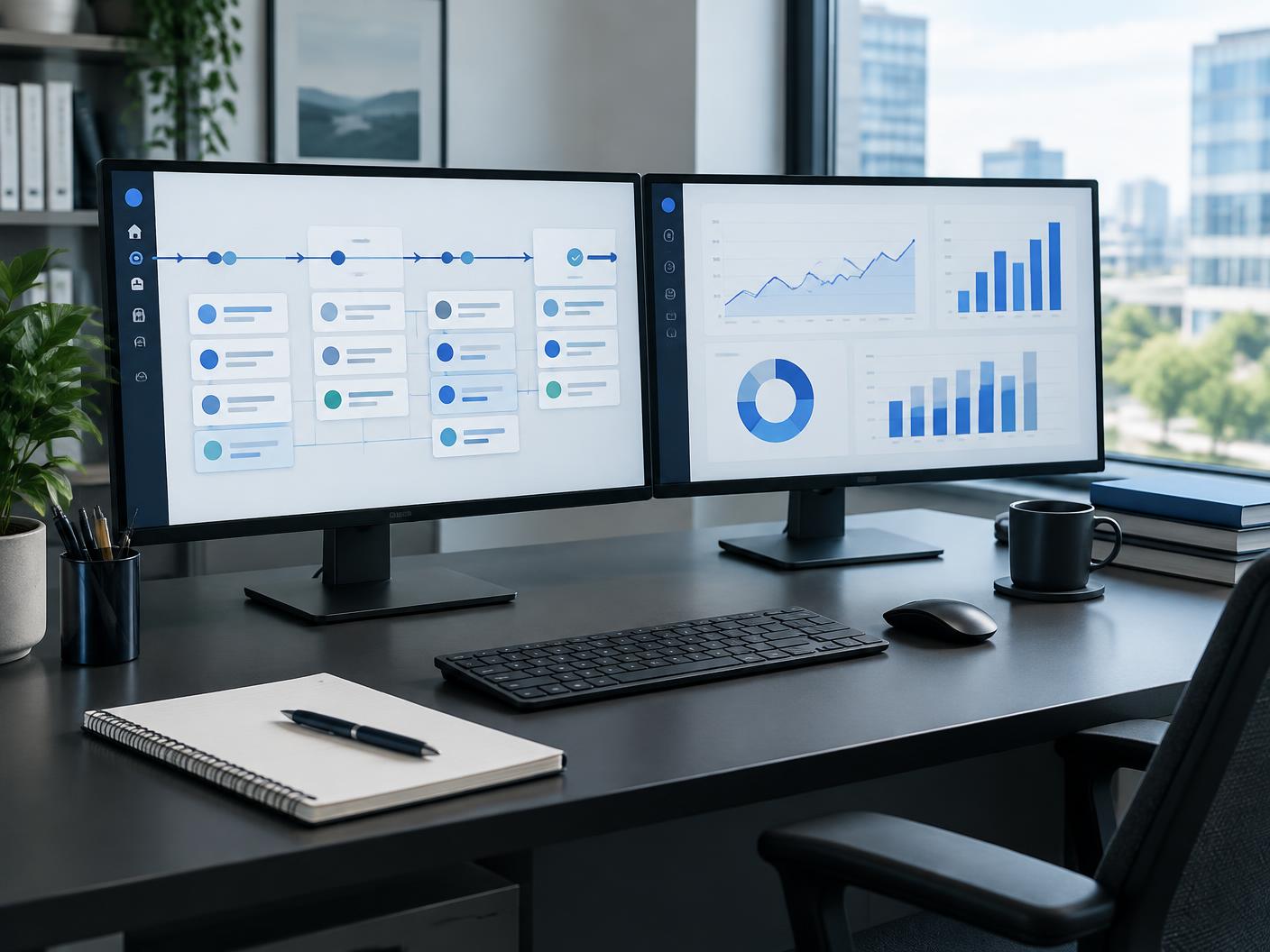 Connected workflow and analytics across two office screens