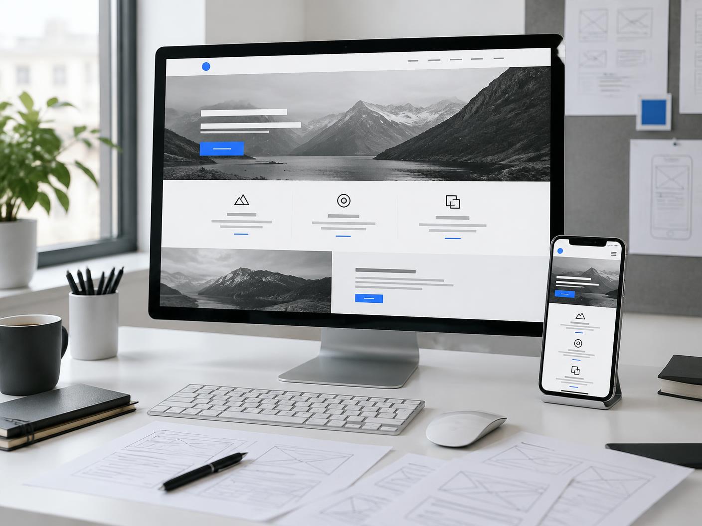 Responsive website designs shown on desktop and mobile screens